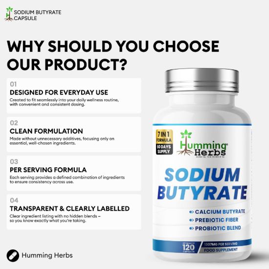 Picture of Humming Herbs Sodium Butyrate Capsules 120 — 7 in 1 Formula
