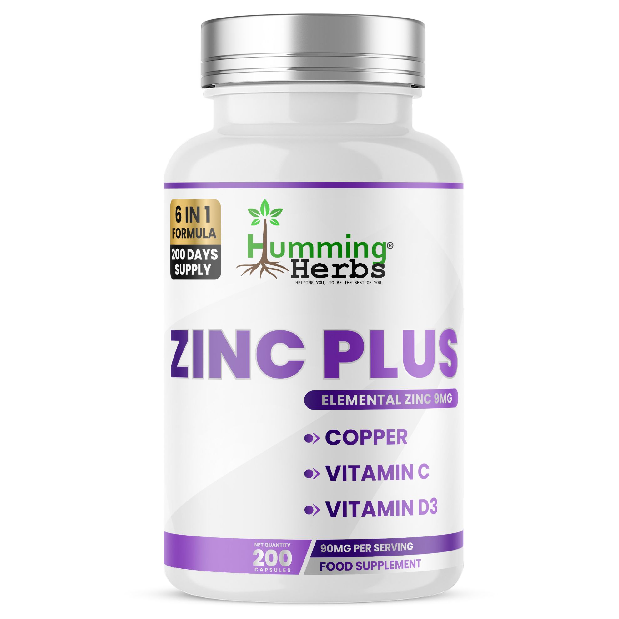Picture of Humming Herbs Zinc Plus Capsules | 200 Capsules | 6-in-1 Formula