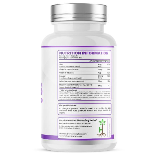 Picture of Humming Herbs Zinc Plus Capsules | 200 Capsules | 6-in-1 Formula