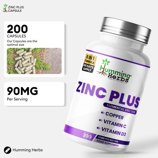 Picture of Humming Herbs Zinc Plus Capsules | 200 Capsules | 6-in-1 Formula