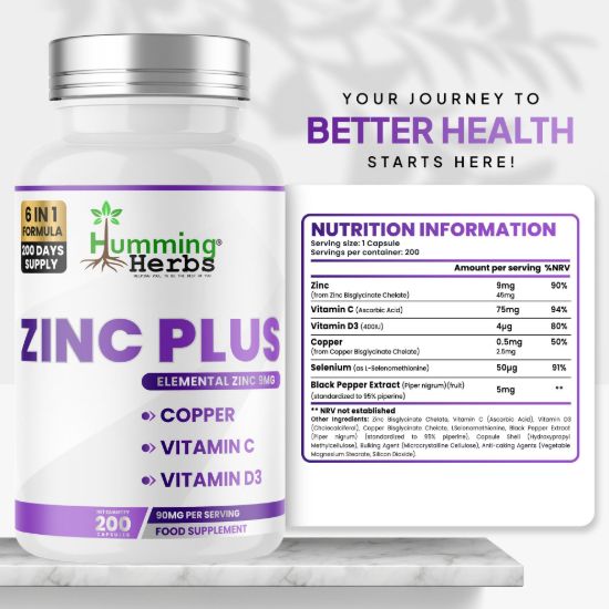 Picture of Humming Herbs Zinc Plus Capsules | 200 Capsules | 6-in-1 Formula