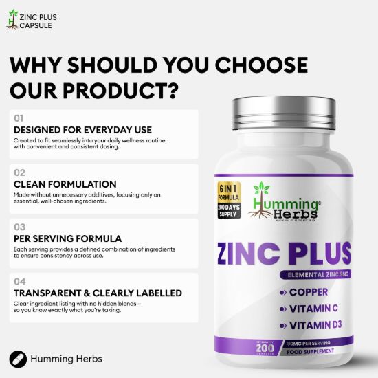 Picture of Humming Herbs Zinc Plus Capsules | 200 Capsules | 6-in-1 Formula