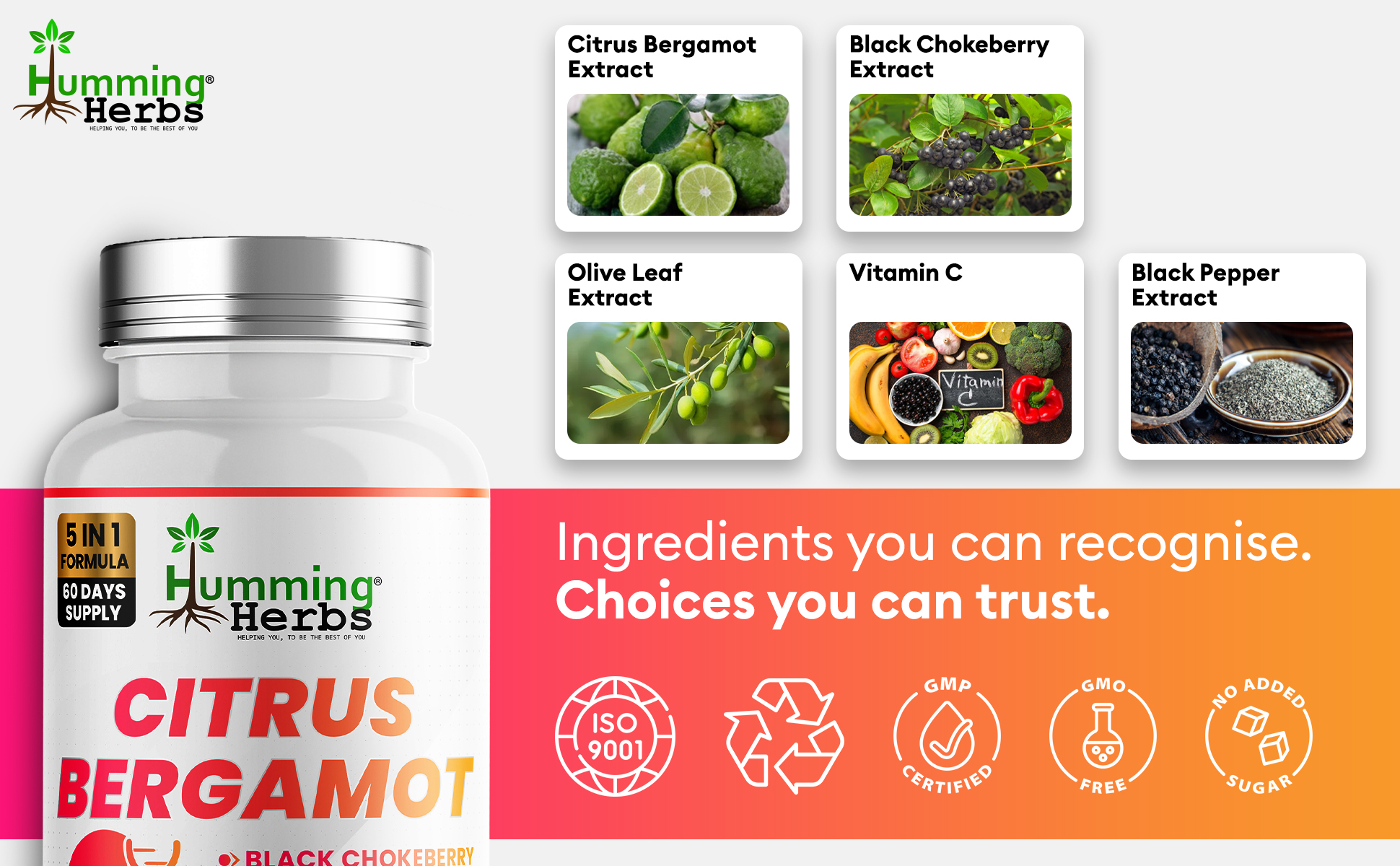Humming Herbs Citrus Bergamot — recognisable ingredients: citrus bergamot, black chokeberry, olive leaf, vitamin C and black pepper extract