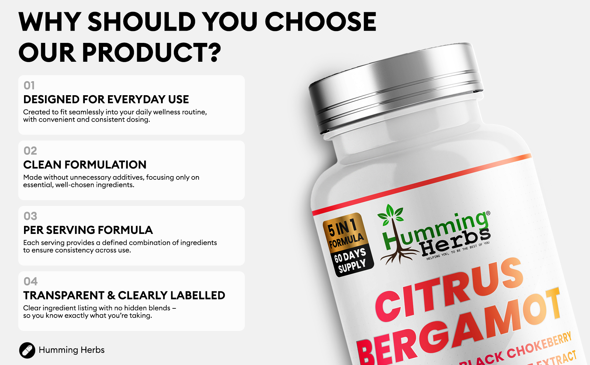 Why choose Humming Herbs Citrus Bergamot: everyday use, clean formulation, per-serving formula, transparent labelling