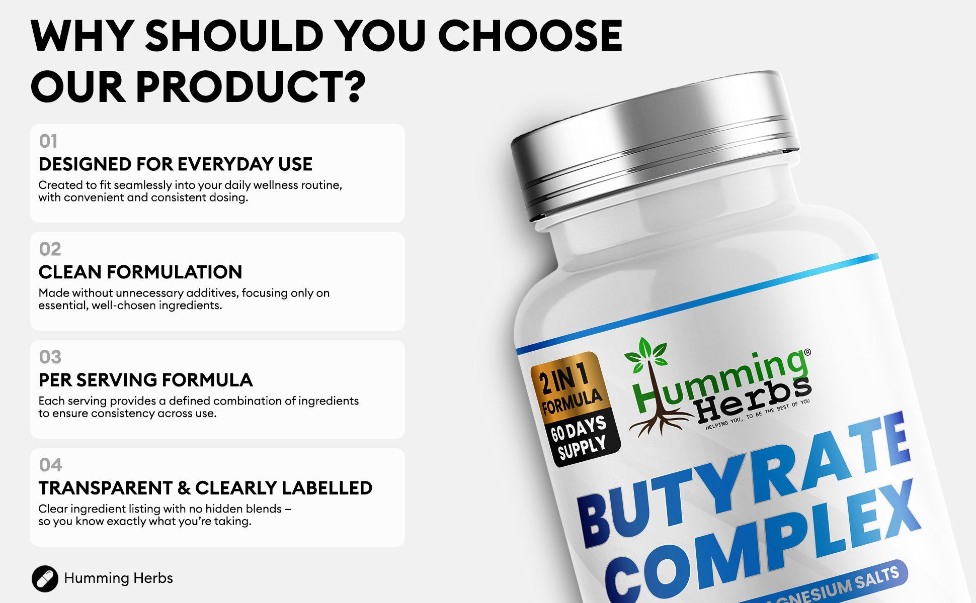 Humming Herbs Butyrate Complex — calcium & magnesium butyrate salts, 120 capsules
