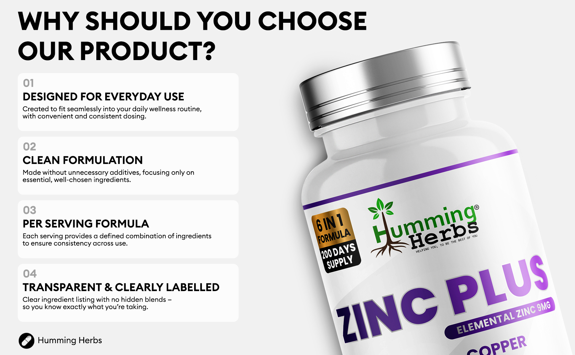 Humming Herbs Zinc Plus — zinc with vitamin C, vitamin D, copper, selenium and black pepper