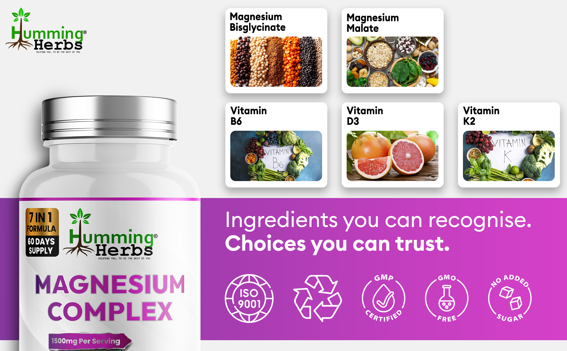 Humming Herbs Magnesium Complex — bisglycinate & malate with vitamins D3, K2 and B6