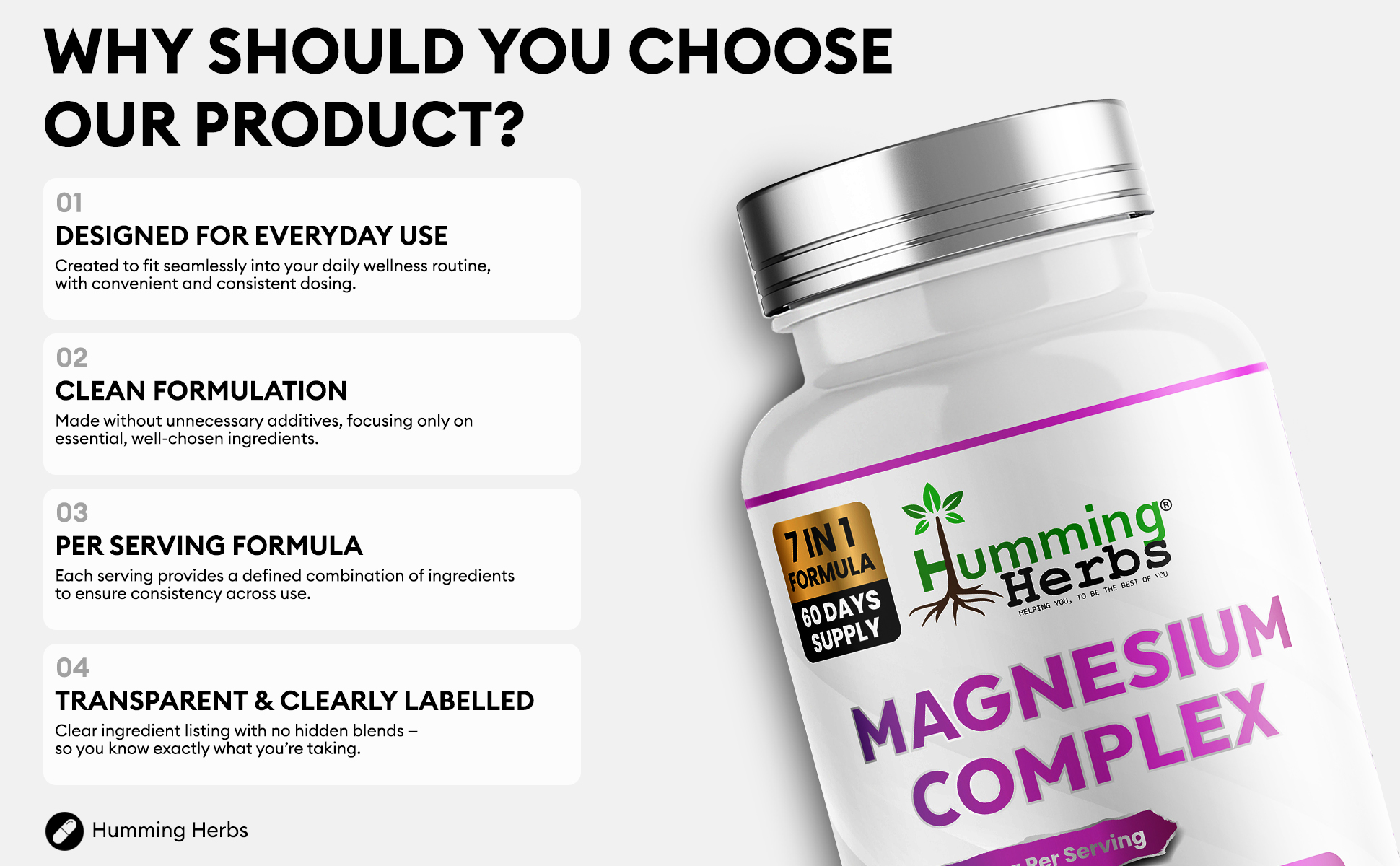 Why choose Humming Herbs Magnesium Complex: everyday use, clean formulation, transparent labelling