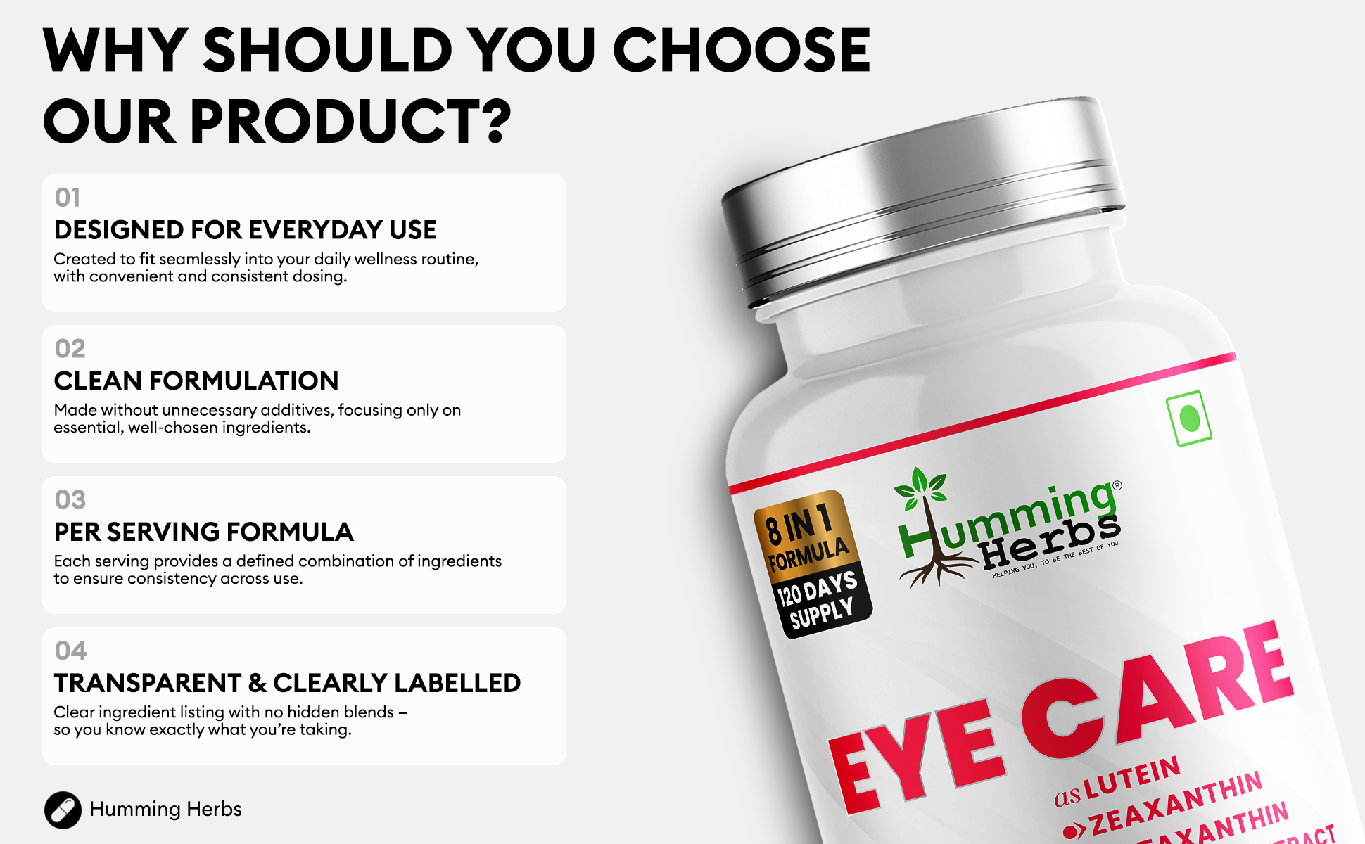 Humming Herbs Eye Care 8-in-1 — lutein, zeaxanthin, astaxanthin, bilberry with vitamin A, zinc and vitamin E