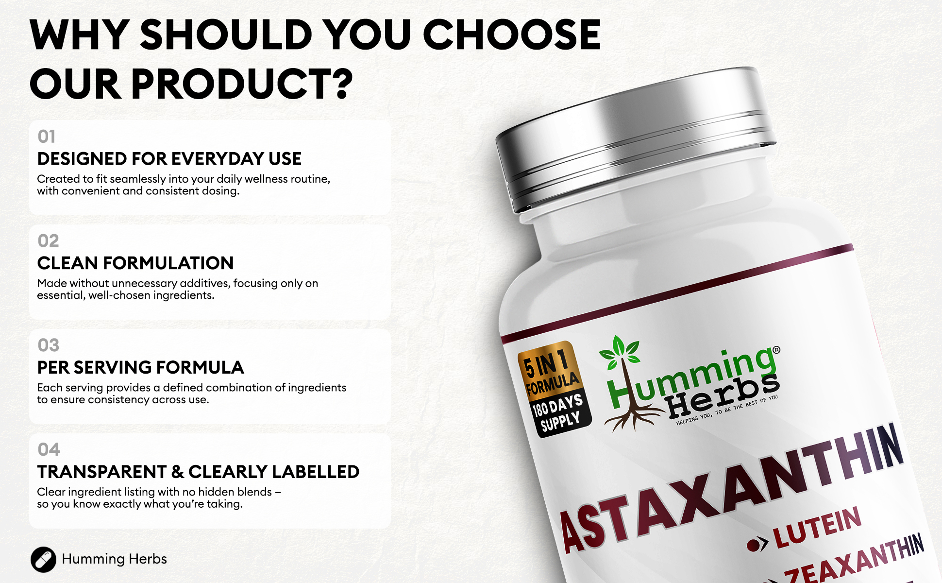 Why choose Humming Herbs Astaxanthin: everyday use, clean formulation, transparent labelling