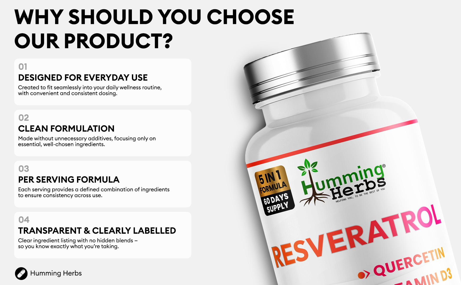 Humming Herbs Resveratrol 5-in-1 — trans-resveratrol with quercetin, vitamin C, D3 and zinc