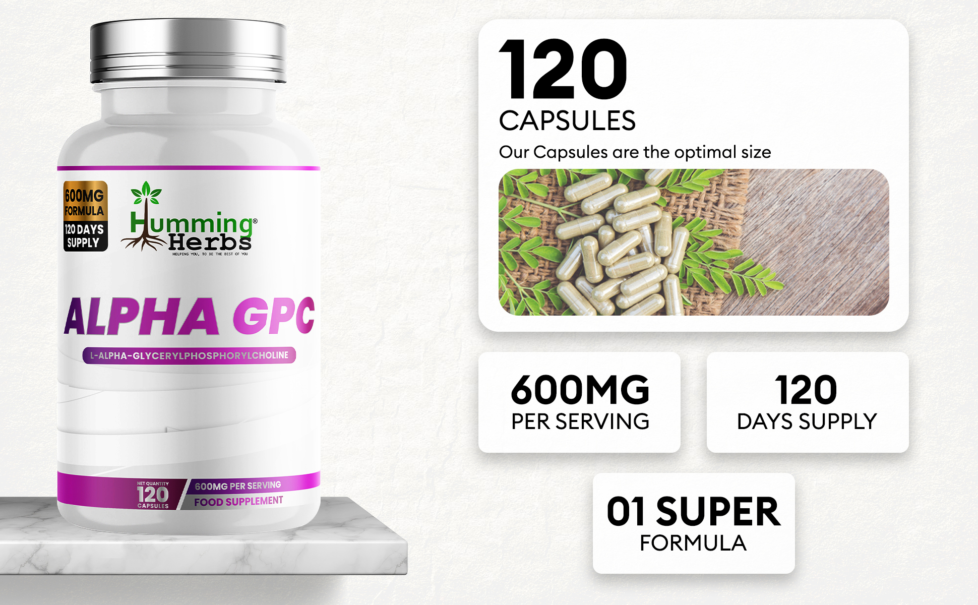 Humming Herbs Alpha-GPC 600mg — single-ingredient capsules