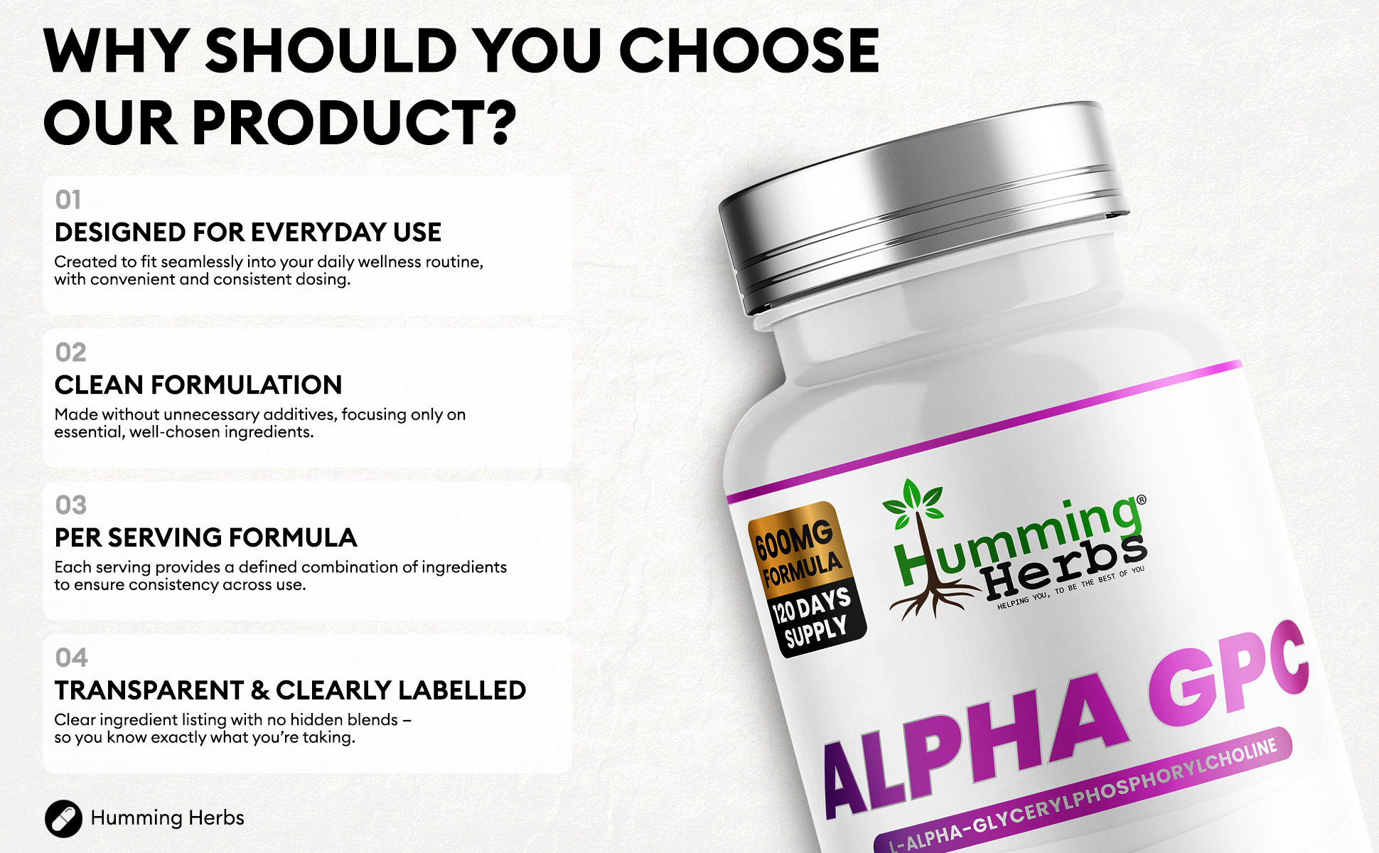 Why choose Humming Herbs Alpha-GPC: everyday use, clean formulation, transparent labelling
