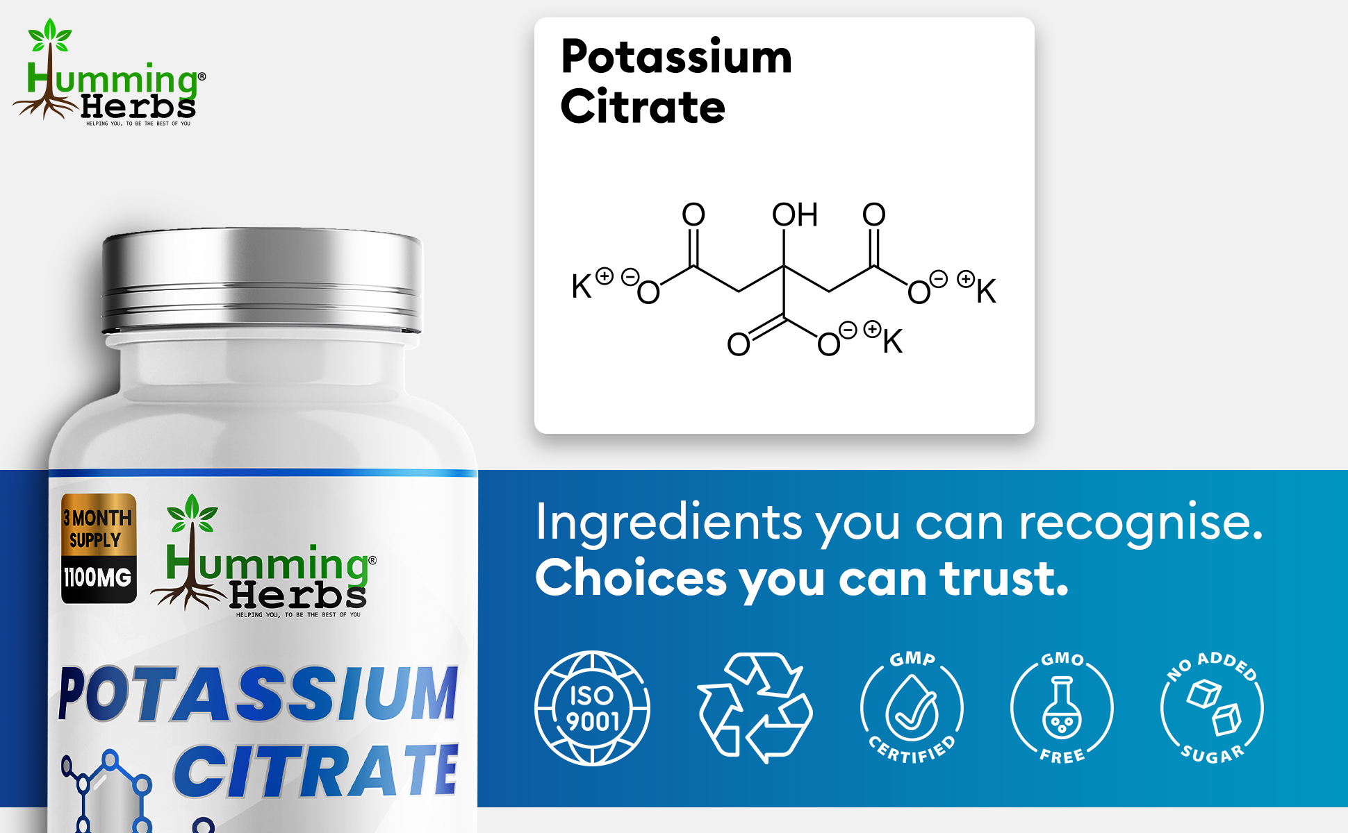 Why choose Humming Herbs Potassium Citrate: everyday use, clean formulation, transparent labelling