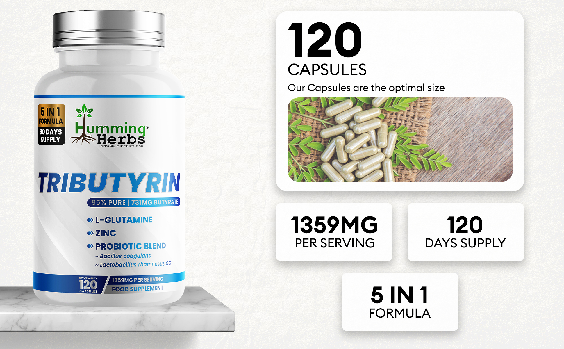 Tributyrin facts: 1359mg per serving, 5-in-1 formula